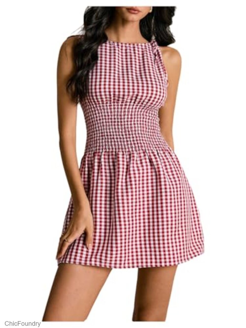 Gingham A Line Mini Dress Tie Shoulder Sleeveless Summer Elegant
